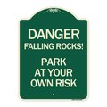 Signmission Danger Falling Rocks! Park Your Own Risk Heavy-Gauge Aluminum Sign, 24" H, G-1824-24197 A-DES-G-1824-24197